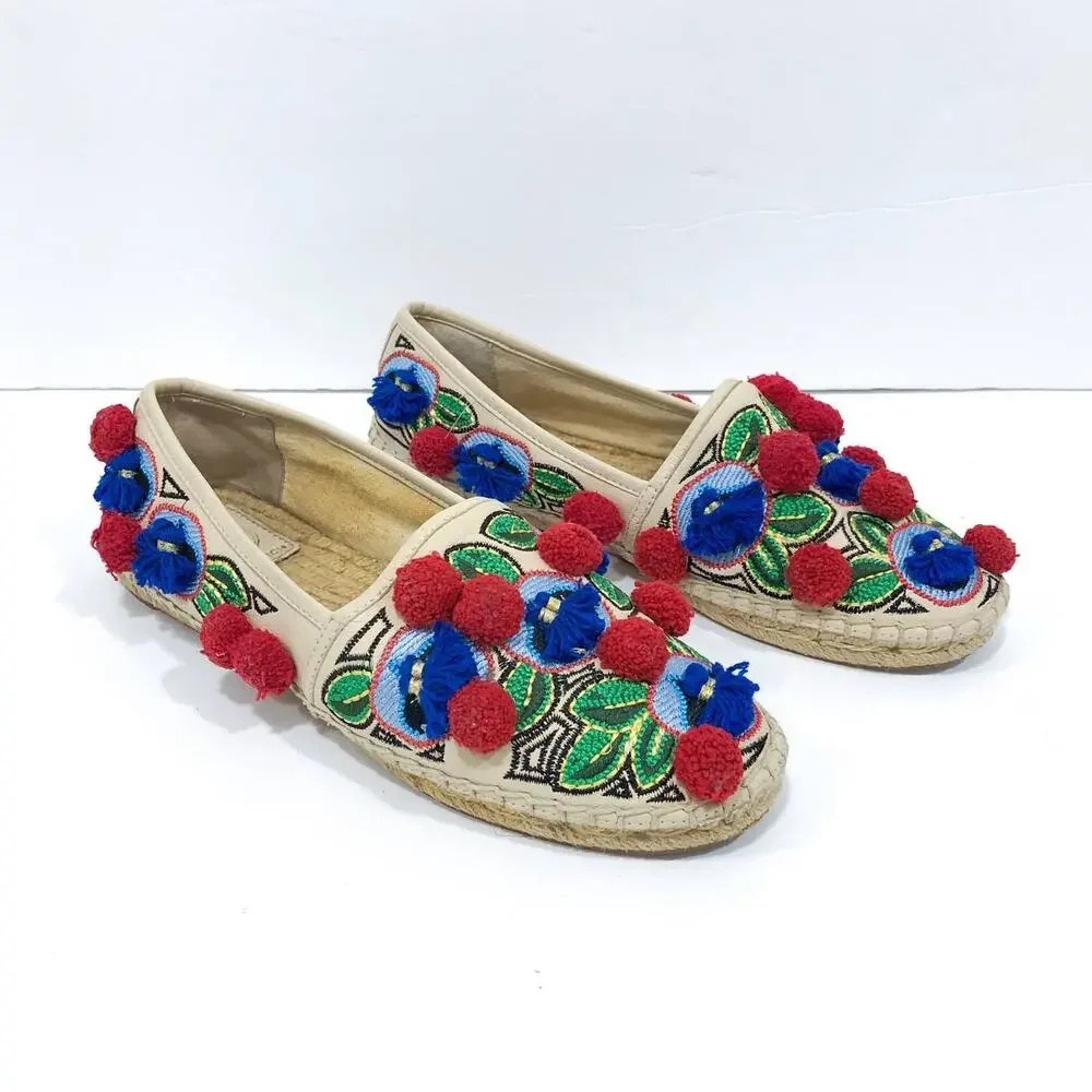 Tory Burch Ellis Pom Pom Embroidered Espadrille Flats
